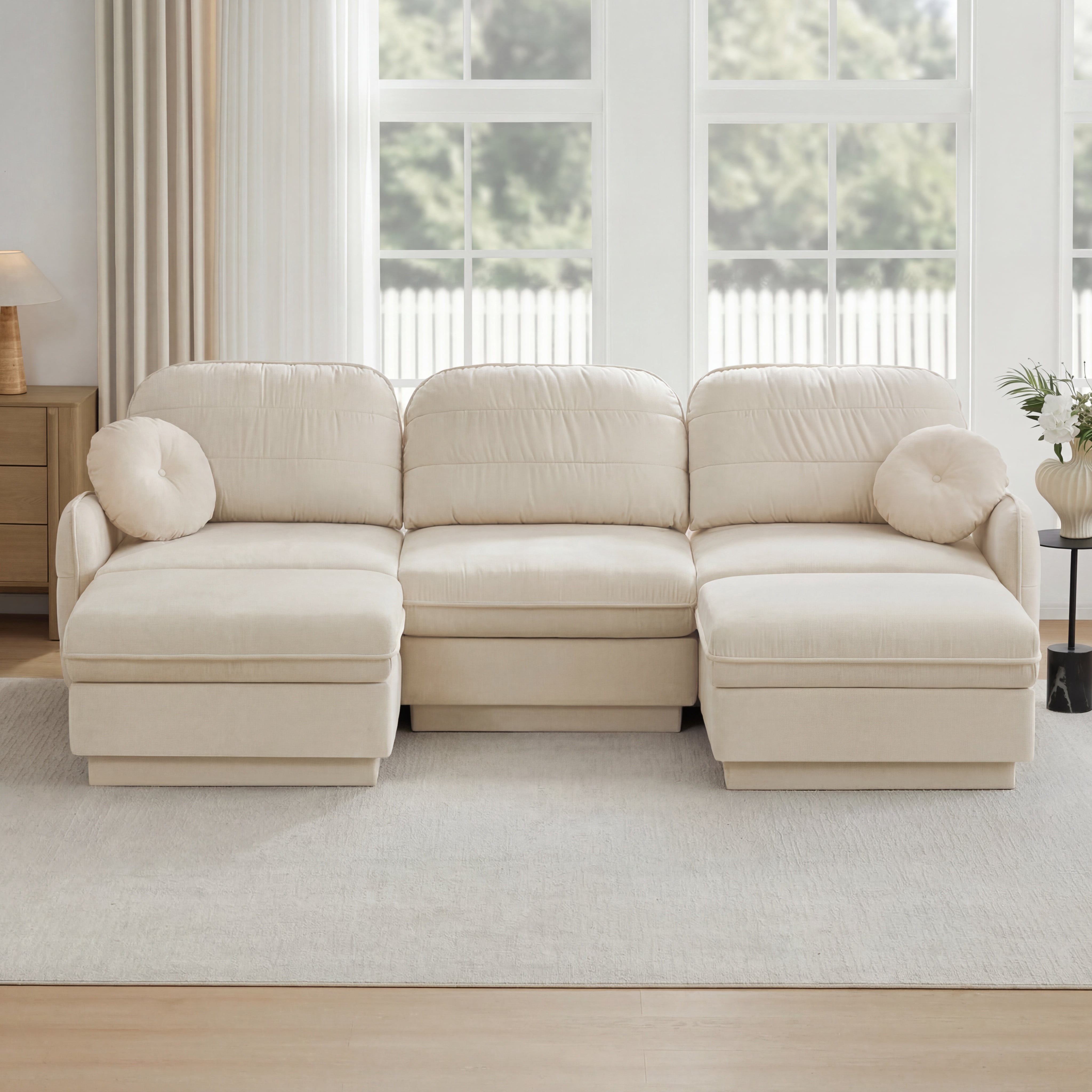 Mintazer 105" Chenille Cloud 3-Seater Modular Sectional Sofa with 2 Movable Ottoman & Round Pillows, U-Shaped Ergonomic Sofa Couch for Living Room, Apartment, Cream