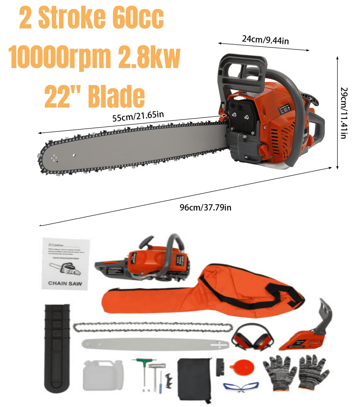 Gas Chain Saw Gas Power Handheld Chainsaw 60CC 22" for Wood Trees Cutting Trimming
