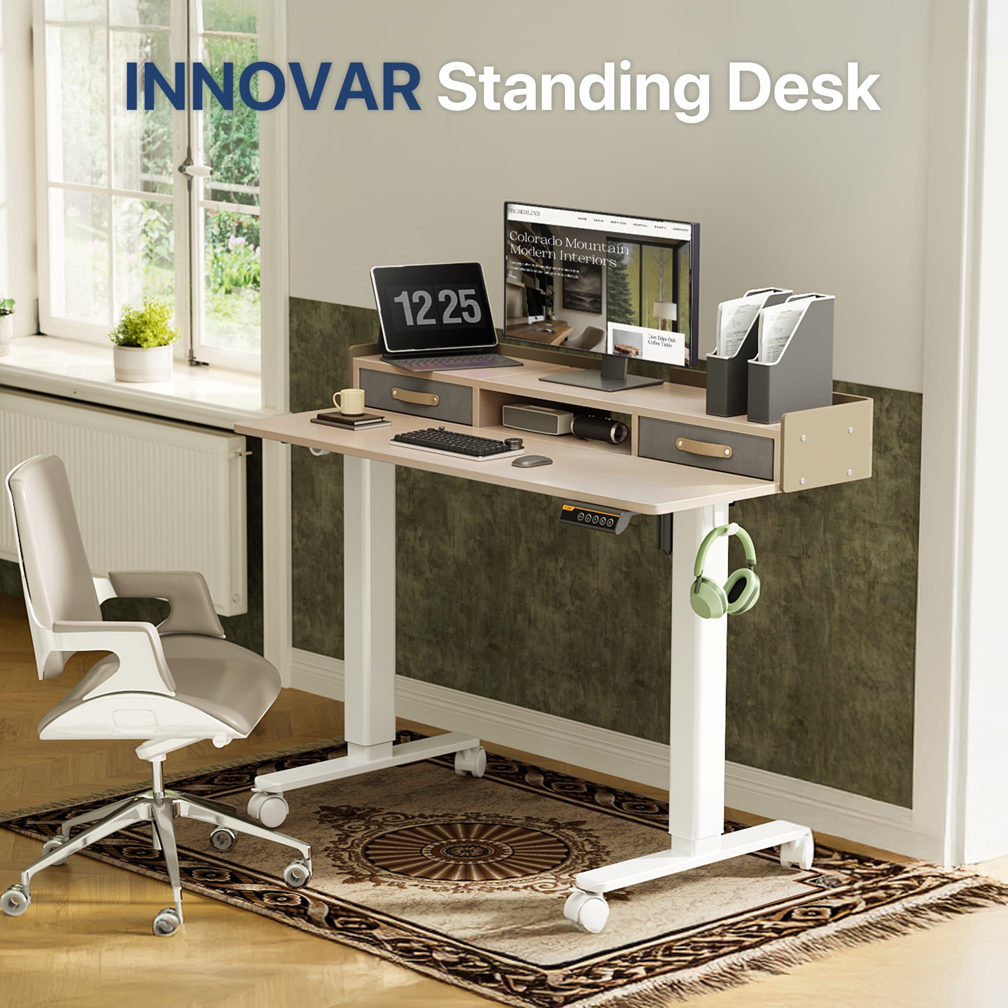 INNOVAR Large Standing Desk with 2 Drawers, 63 inch Adjustable Height Stand up Electric Rising Work Desk with Storage Shelf and 4 Wheels, Natural Wood Sit to Stand Computer Desk