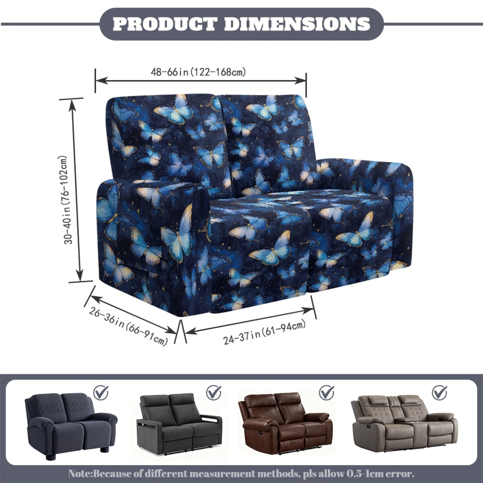 Xoenoiee Blue Butterfly Print 6 Pieces Recliner Loveseat Covers Stretch Recliner Sofa Slipcover with Elastic Bottom Jacquard Fitted Reclining Couch Cover Furniture Protector with Pockets