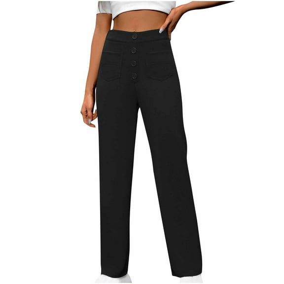 WCMZJ Women's Casual High Waist Stretch Pants Flexipants Multiple Pockets Straight Leg Pants Black S