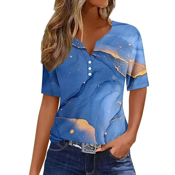 DeHolifer Women's T-Shirts Plus Size V-Neck Button Printed Short Sleeve Dressy Tunic Tops Summer Casual Tee T-Shirts Blue 3XL
