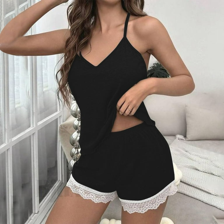JIANJIA Womens Pajama Sets Solid Color Lace V Neck Spaghetti JIANJIA Womens Pajama Sets Solid Color Lace V Neck Spaghetti