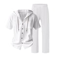 thumbnail image 6 of Ohufall 2 Piece Outfits for Men Linen Elastic Waist Drawstring Trousers and Spring Summer Button Hooded Casual Top Beach Set with Pocket, 6 of 7