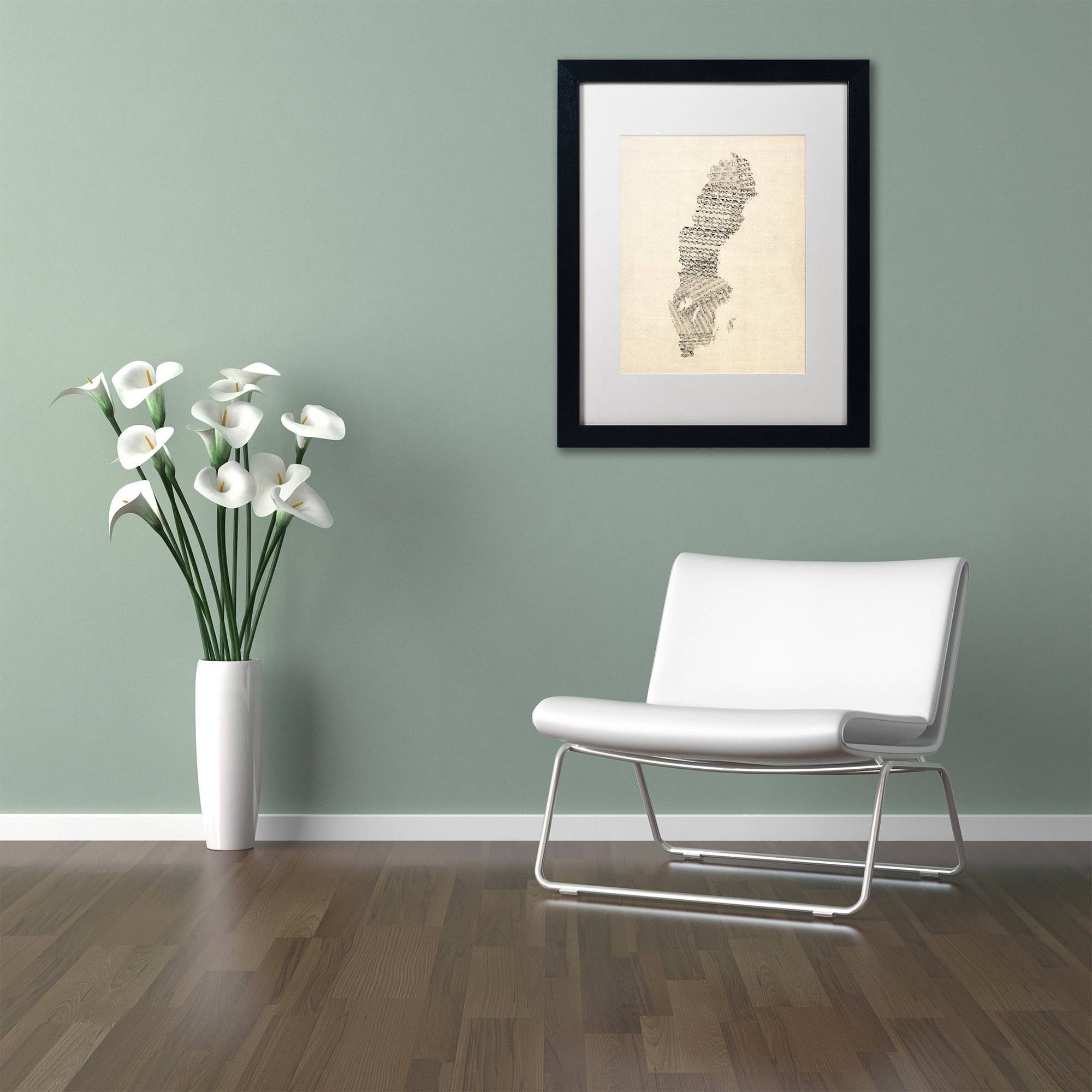 Trademark Fine Art 'Old Sheet Music Map of Sweden' Canvas Art by Michael Tompsett, White Matte, Black Frame