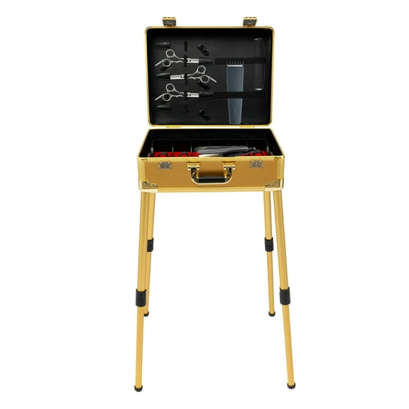 Miumaeov Professional Barber Case Portable Makeup Train Case Cosmetic Trolley Travel Box w/ Support Legs Gold