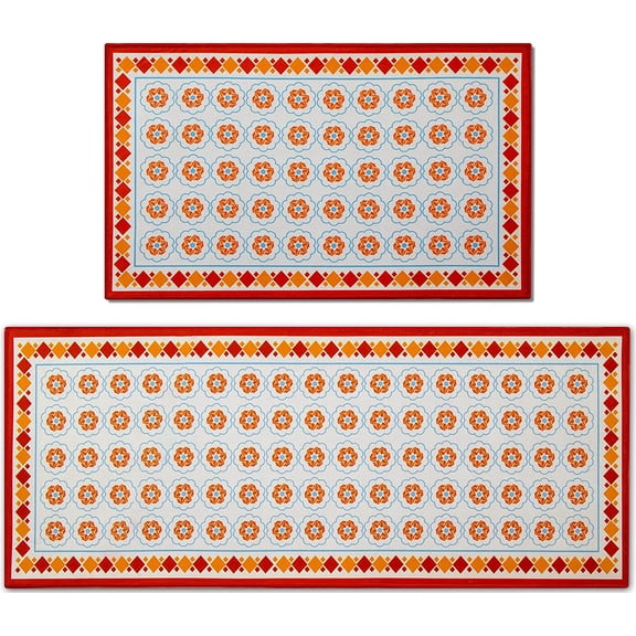 2 PCS Farmhouse Kitchen Mats and Rug Set - Vintage Water Absorb Microfiber Kitchen Rug Non Skid Washable for Bathroom Laundry Room 17"x29.5" 17"x47", Orange&Red