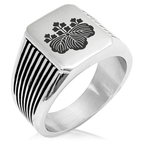 Stainless Steel Toyotomi Samurai Crest Needle Stripe Pattern Biker Style Polished Ring