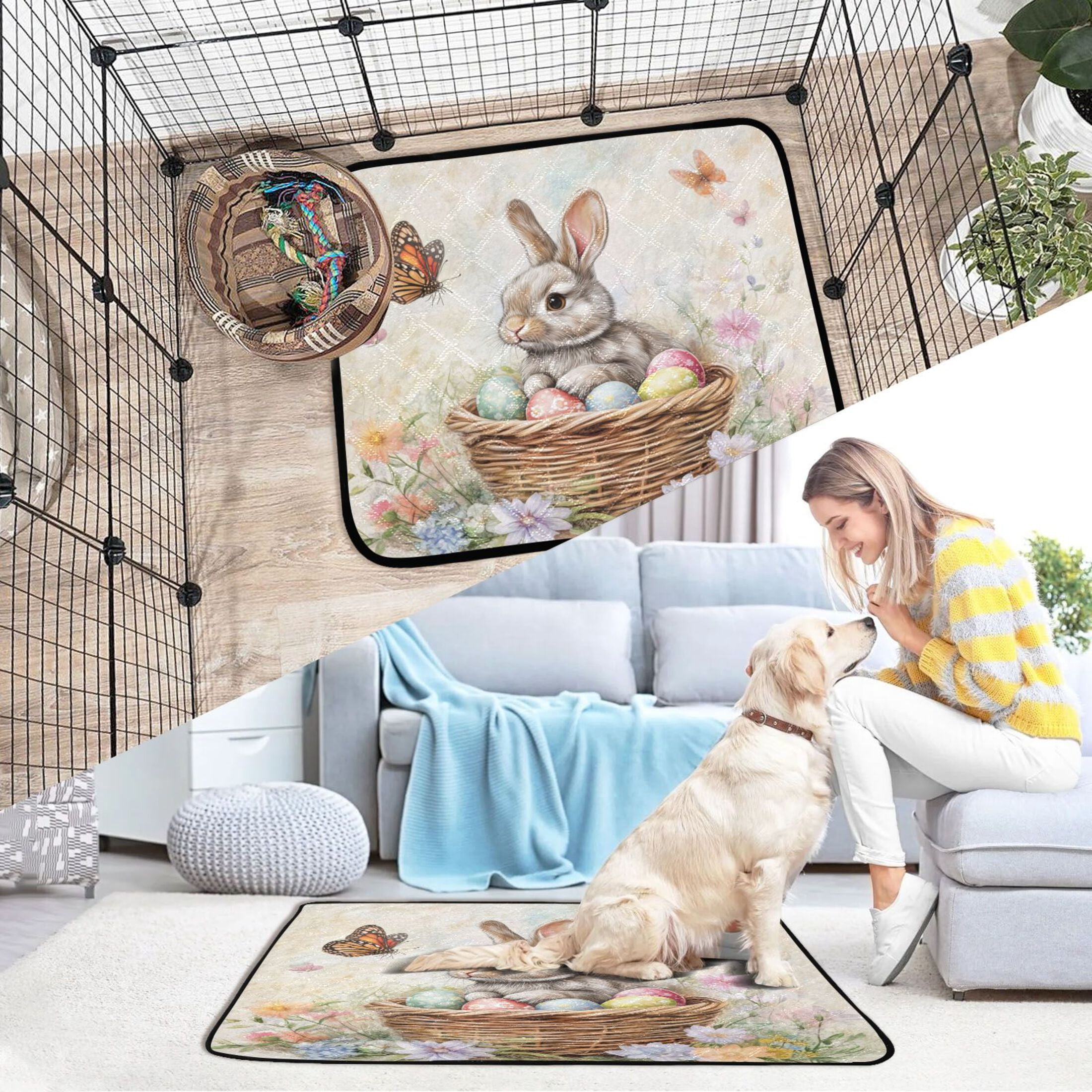 Qxltty Gray Easter Rabbit Cat litter Pads Pet Set of 3 Diaper Mats Center Anti-leakage Layer Absorbent Soft and Comfortable