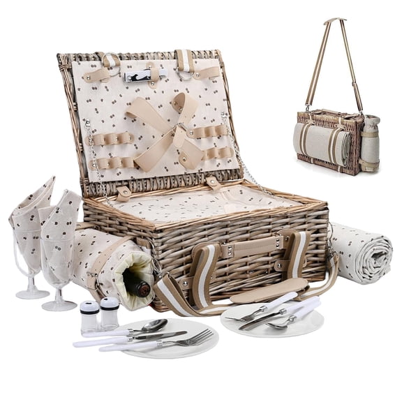 BN-LINK Wicker Picnic Basket for 2, Picnic Basket with Waterproof Blanket & Insulated Liner,Willow Hamper for Picnic, Camping,Travel, Natural