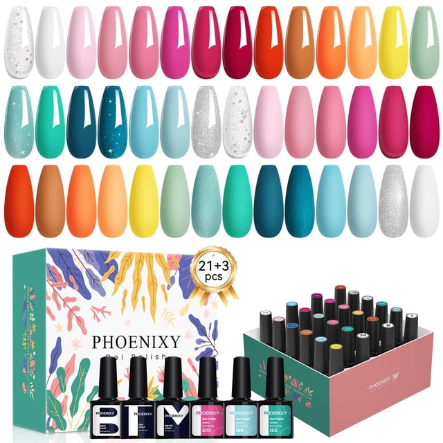 Set de esmaltes de uñas en gel PHOENIXY, 24 unidades, 21 colores, con capa base