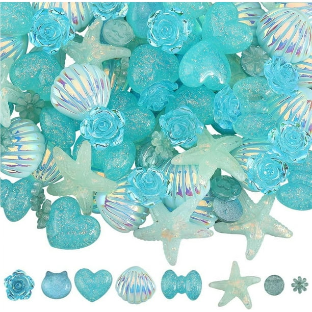 140 piezas de 8 estilos de abalorios de resina azul con forma de corazón, cabujones con base plana de flores, conchas, estrellas de mar, osos, adornos transparentes y opacos.