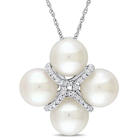 Miabella 8-8.5mm White Cultured Freshwater Pearl and 1/7 Carat T.W. Diamond 10kt White Gold Cross Pendant, 17