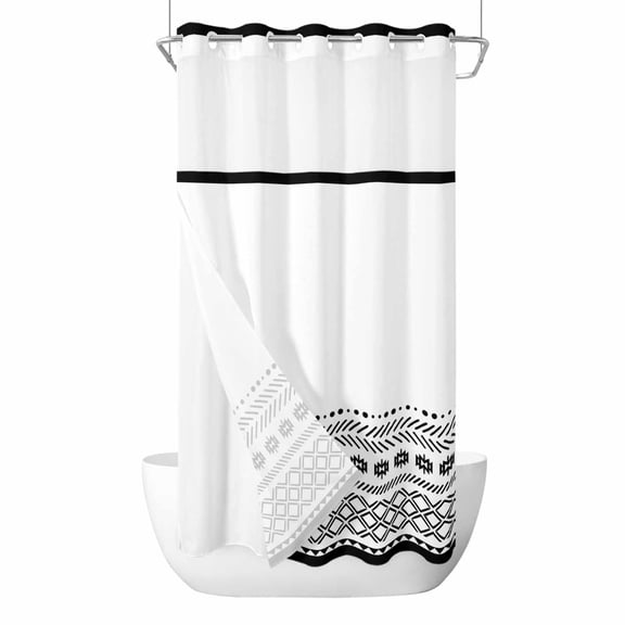 No Hook Boho Geometric Shower Curtain with Snap in Liner Set, Abstract Art Vintage Striped Aesthetics Waterproof Fabric Bathroom Curtains with See Through Top Window, Hotel Style Small 36 x 72 Inch