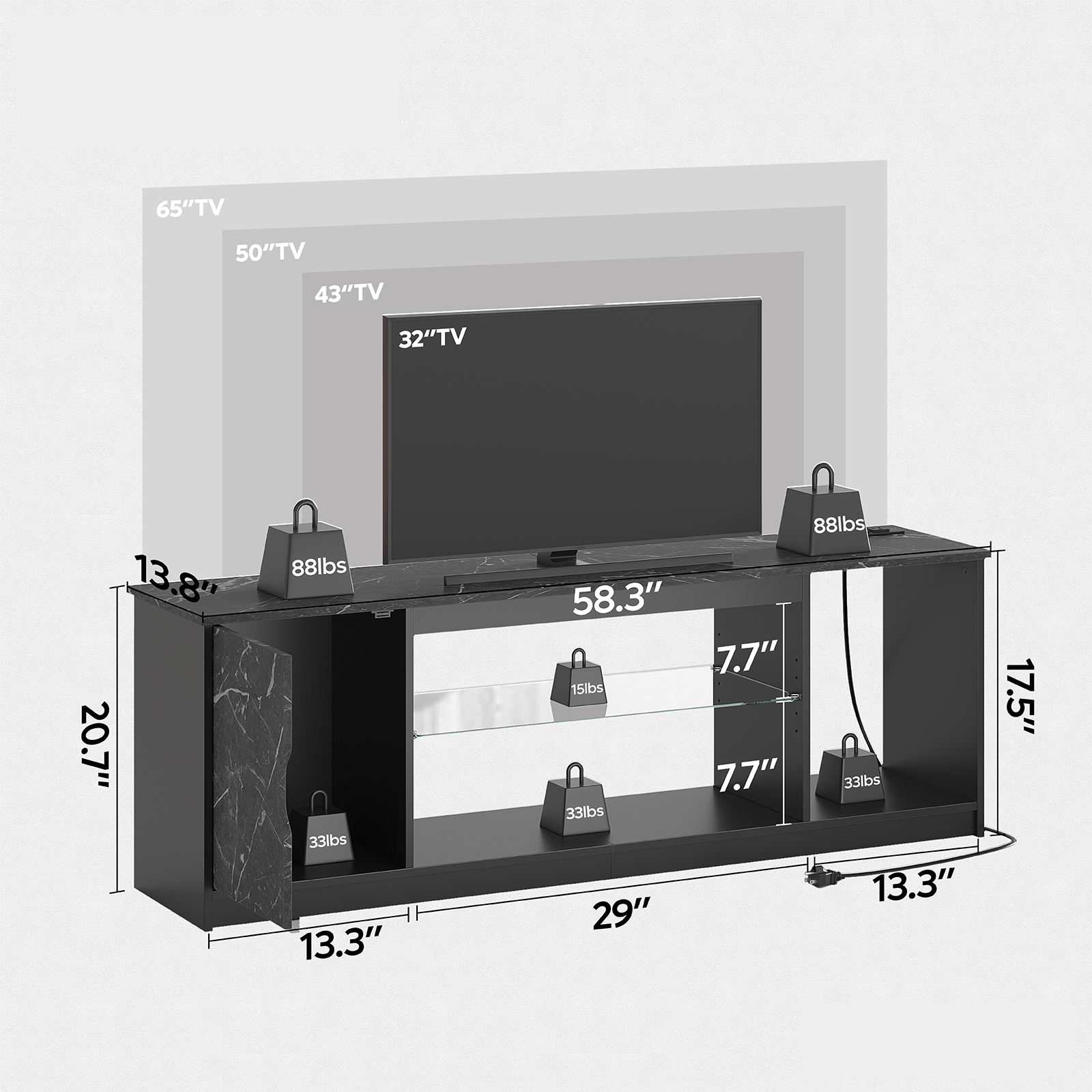 Bestier 65" TV Stand with LED Lights and Power Outlets, Black Marble photo 7
