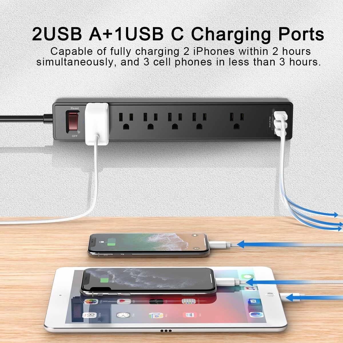 A house of tools Surge Protector Power Strip (1680J) 10Ft Extension Cord with 6 AC Outlets and 3 USB Ports(1USB C) for Home, Office, Dorm Essentials, ETL Listed, Black