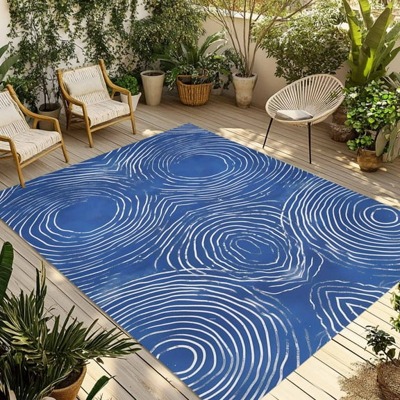 Fsddascl Blue Geometric Outdoor Rug for Patio/Deck/Porch, Non-Slip Large Area Rug 4 x 6 Ft, Modern Minimalism Abstract Striped Indoor Outdoor Rugs Washable Area Rugs, Reversible Camping Rug Carpet