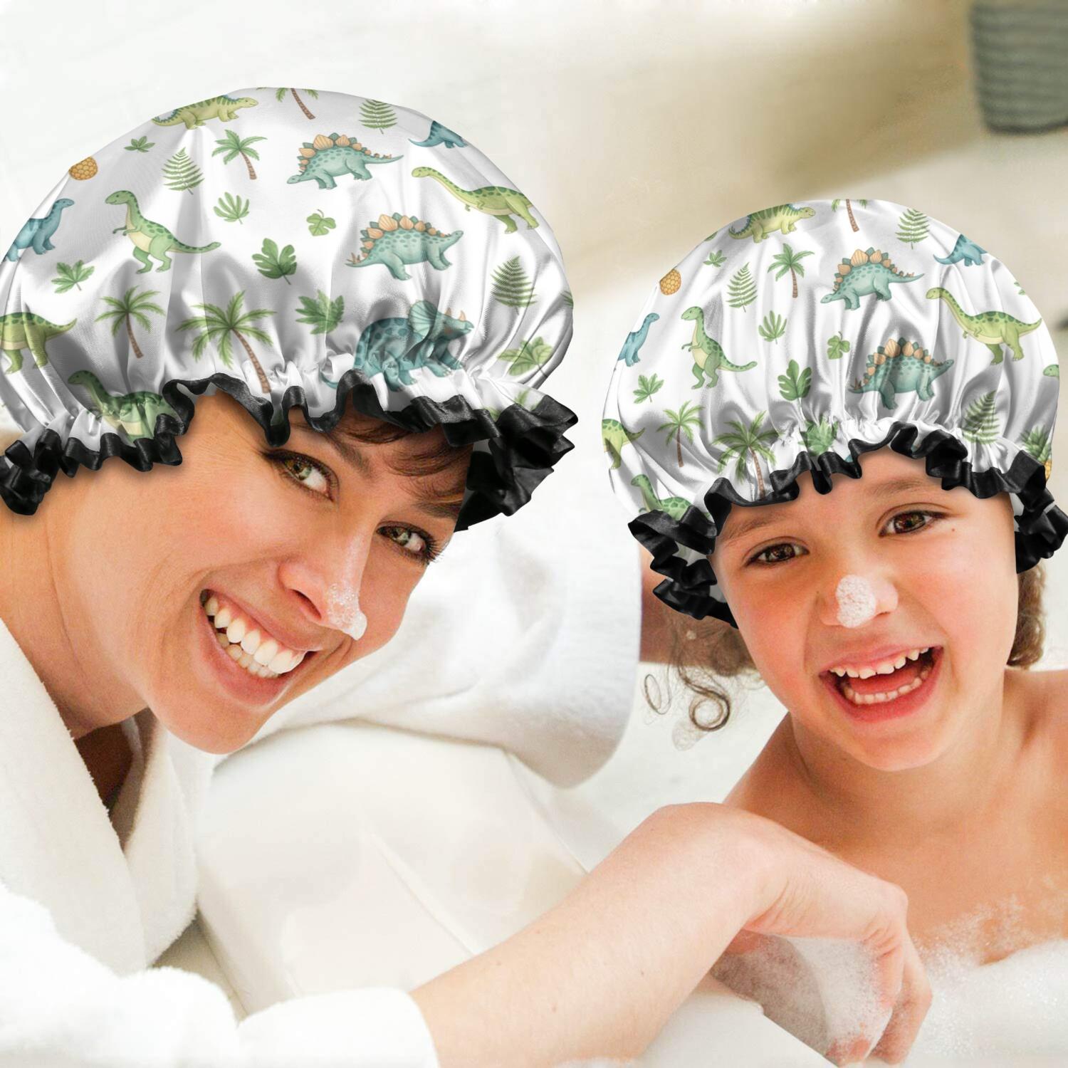 Shower Caps,White Dinosaurs Palms Pineapples Pattern Waterproof Shower Cap for Women 4 Pieces,Double Reusable Hair Cover for Shower PEVA Elastic Stretch Hem