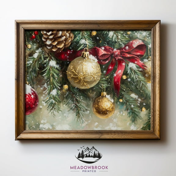 Decorated Kristmas Tree Branches, Rustic Winter Wall Art, Cozy Decor, Festive Red And Gold Ornaments Warm Present Vintage UNFRAMED Poster Size 8x12