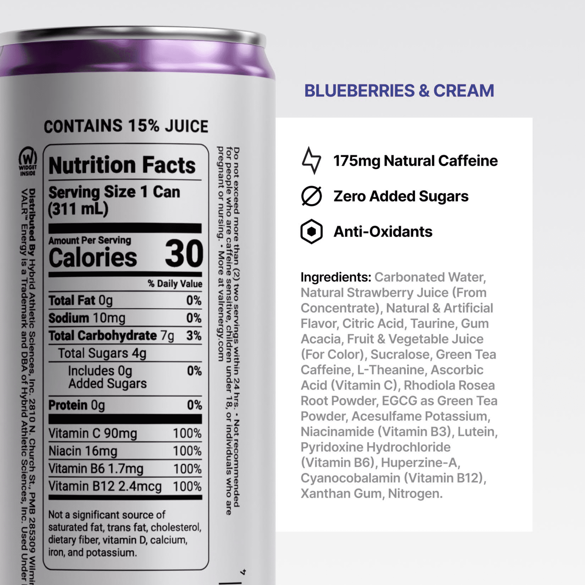 VALR Energy | Blueberry Tart Nitrogen-Infused Energy Drink | 24 Pack | 175mg Natural Caffeine from Green Tea | Pre-Workout Performance with Amino Acids & Antioxidants | Gluten-Free & Vegan