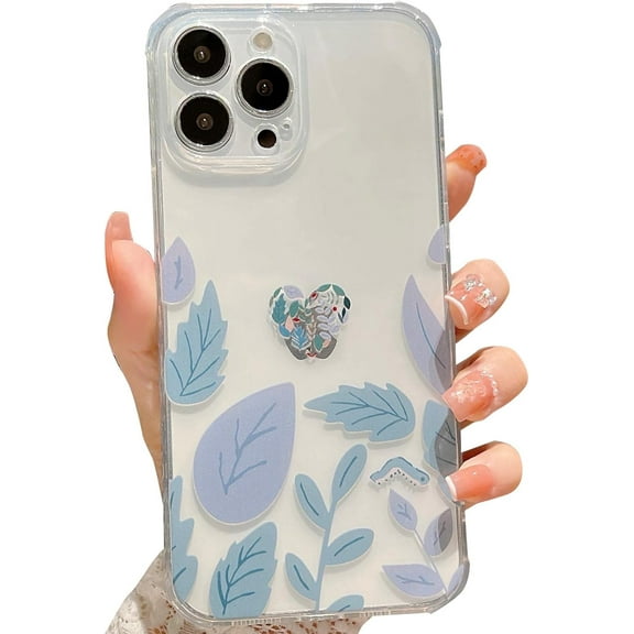 Compatible for iPhone 13 Pro Max 6.7 Inch Cute Leaves Flower Case, Cartoon Leaf Floral Heart Pattern Case for Women Girls Soft TPU Shockproof Camera Protective Back Cover - Clear White