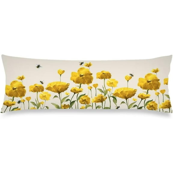 Spring Floral Flowers Body Pillow Cover Yellow Long Pillow Case Protector with Zipper,Summer Decorative Cushioned Pillow Covers Soft Rectangle Bed Pillowcases for Bedroom,Couch,Sofa,20"x54"