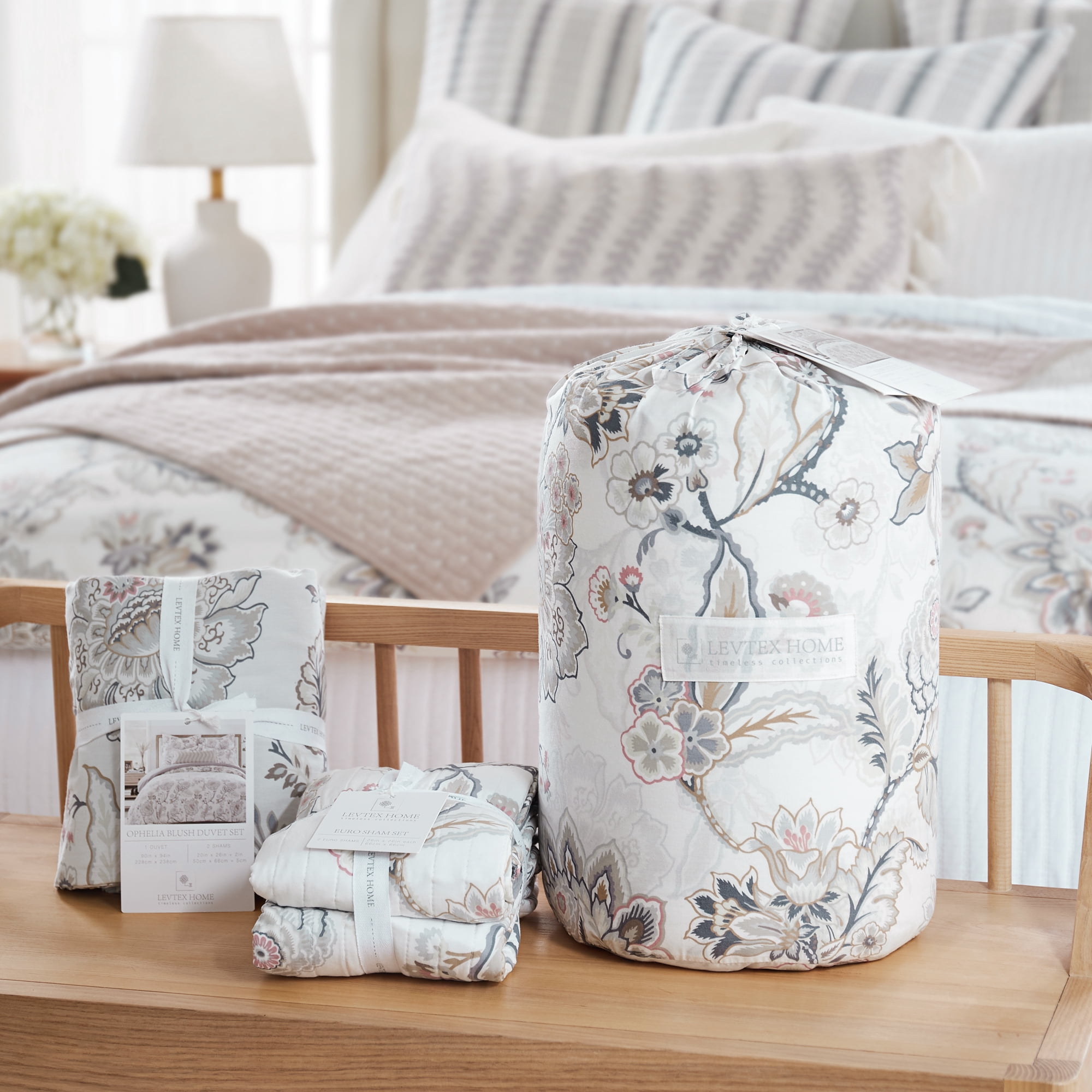 Levtex Home - Ophelia Blush Duvet Cover Set - Full/Queen Duvet Cover + Two Standard Pillow Cases - Floral - Taupe Grey Cream Blush - Duvet Cover (90 x 94in.) and Pillow Case (26 x 20in.) - Rayon