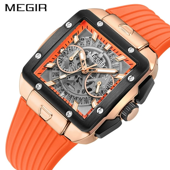 MEGIR 2228 Mens Silicone Strap Multifunctional Timing Sport Square Quartz Watch Fashionable Hollow Dial Chronograph reloj hombre