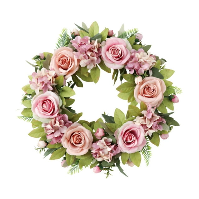 Corona de primavera para puerta de entrada, corona de flores artificiales, hojas verdes para inauguración de la casa. Rosa