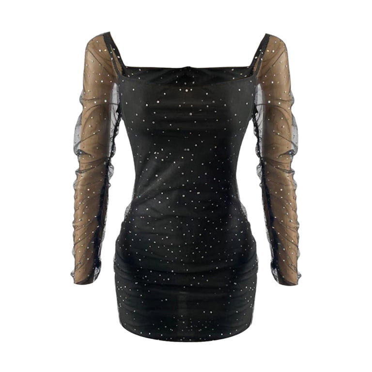square neck ruched sequin mesh bodycon dress boohoo Women's Square Neck Ruched Mesh Bodycon Dress - Black