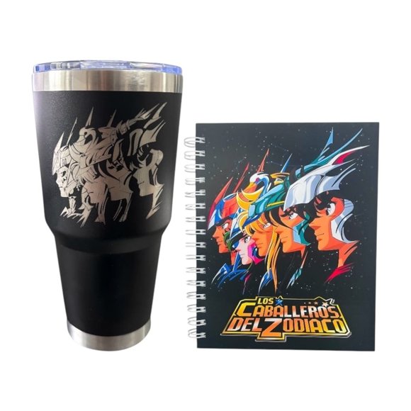 Set de 2 piezas, Termo acero inoxidable y libreta de pasta dura Los caballeros del Zodiaco