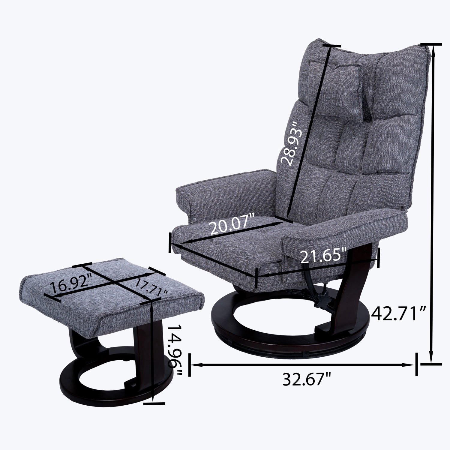 Hommoo 8-Point Massage Recliner with Ottoman, Heated Chenille Fabric Reclining Chair, Bent Wood Base, Indoor Lounge TV Armchair with Footrest, Grey