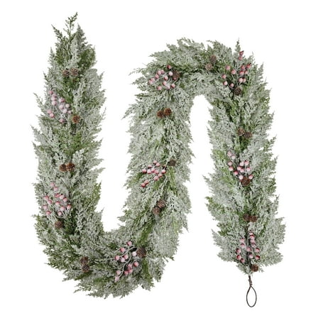 Puleo International 9' x 10" Artificial Flocked Garland Adorned with Pinecones and Red Berries