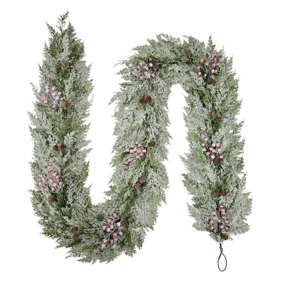 Puleo International 9' x 10" Artificial Flocked Garland Adorned with Pinecones and Red Berries