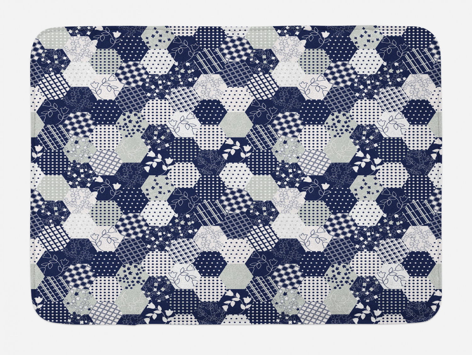 Navy Blue Bath Mat, Octagon Patchwork Style Pattern Image with Dots Stars Squares and Stripes