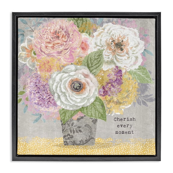Stupell Industries Shabby Chic Cherish Every Moment Inspiration Black Floating Frame Canvas Art, 18 x 18, by Suzanne Nicoll