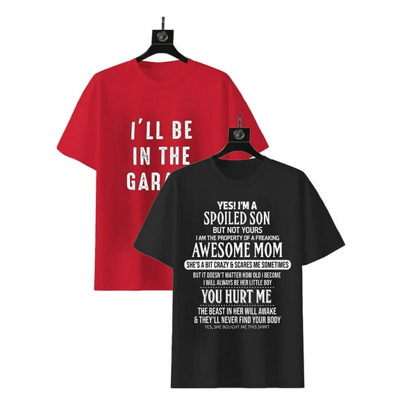 2 Pack Cotton T-Shirt for Men Graphic Tees For Men Letter Printed Boys T-Shirt Funny Shirt Black,Red S