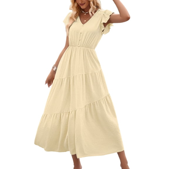 Womens Summer Maxi Boho Beach Dress Floral Print Dress V Neck Short Sleeve Drawstring High Waist Flowy Long Midi Dresses