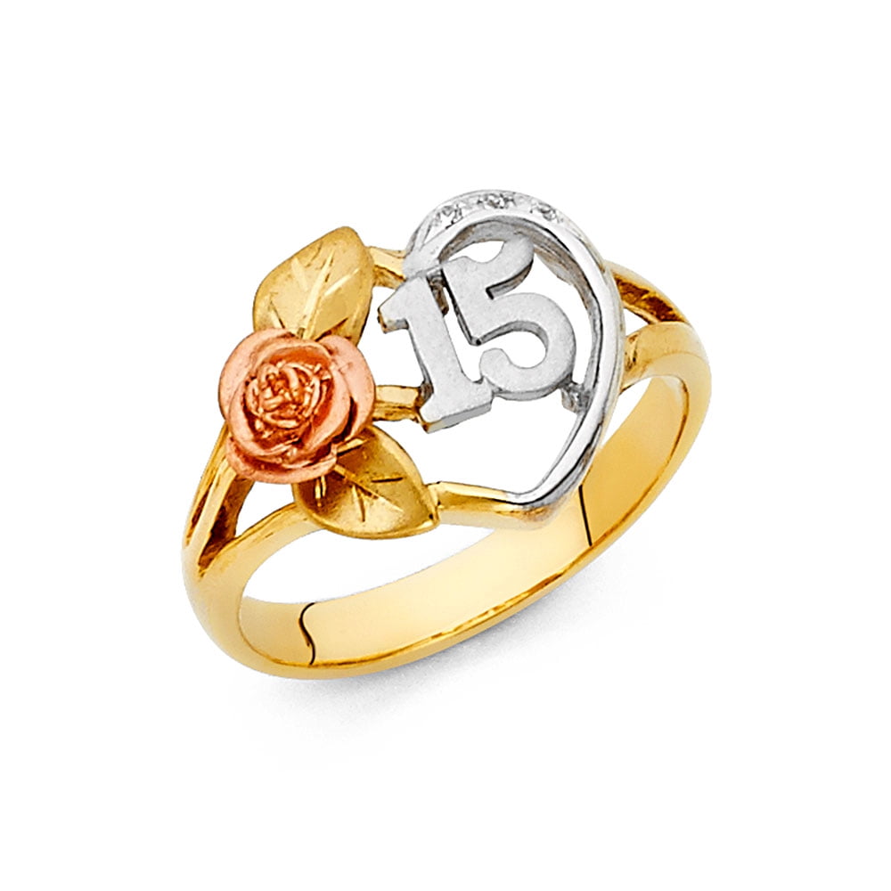 5 Jewel Tie Solid 14k Rose Yellow /& White Gold 15 Years Birthday Filigree Ring Size