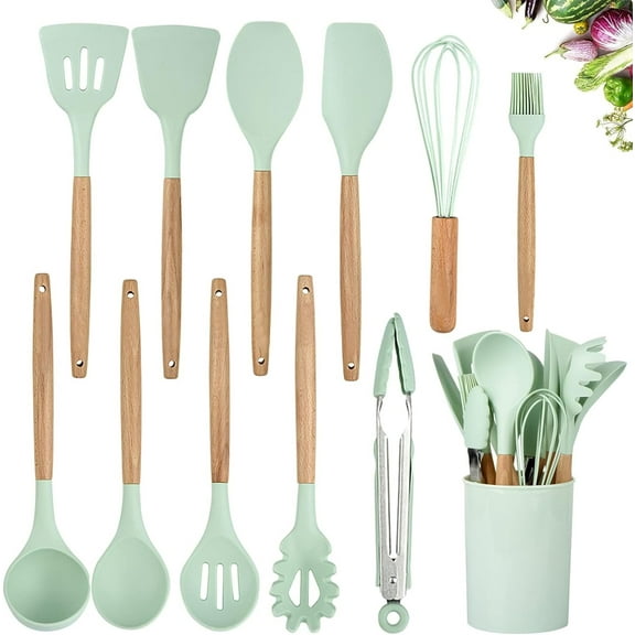 Silicone Cooking Utensils Kitchen Utensil Set, 12 PCS Wooden Handle BPA Free Silicone Spoon Spatula Turner Tongs Whisk,Green Kitchen Gadgets Utensil Set for Nonstick Cookware