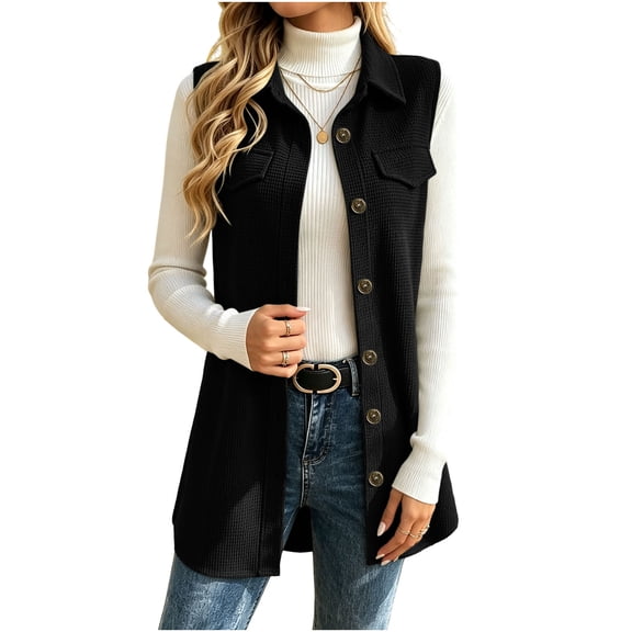 QIYAGBSA Waffle Knit Vest for Women Long Sleeveless Cardigan Vest Button Down Lapel Collar Flap Pockets Side Slits Soft Layering Fall Spring Casual Errands Travel (Black, 2XL)