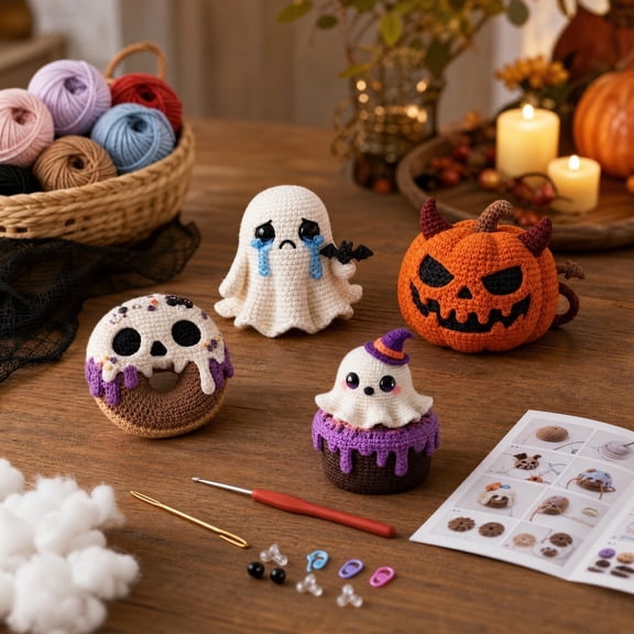 Halloween Pumpkin Plush Crochet Kit , Yarn and Tools DIY Hand Knitting Set with Instructions for Beginners Craft Project, Festive Halloween Crochet Kit for Seasonal Decoration Gift