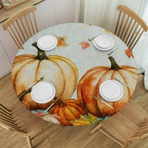 Autua Pumpkins Leaves Watercolor Round Tablecloth Stain-Resistant 100% Polyester 31"-35