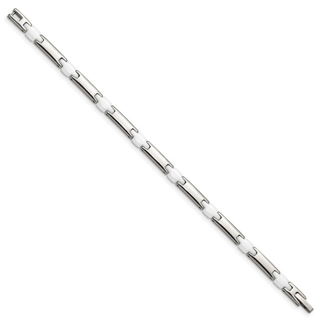 Stainless Steel Polished Fold-over and White Ceramic 7.5inch Bracelet 5mm Wide Link Bracelet for Women