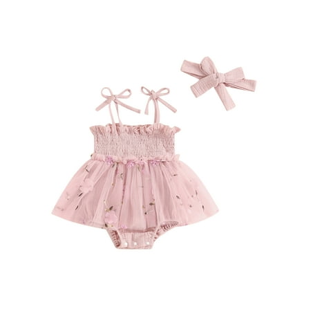 

Niceyoeuk Baby Girls Rompers Tie-Up Spaghetti Strap Bodysuits with Headband