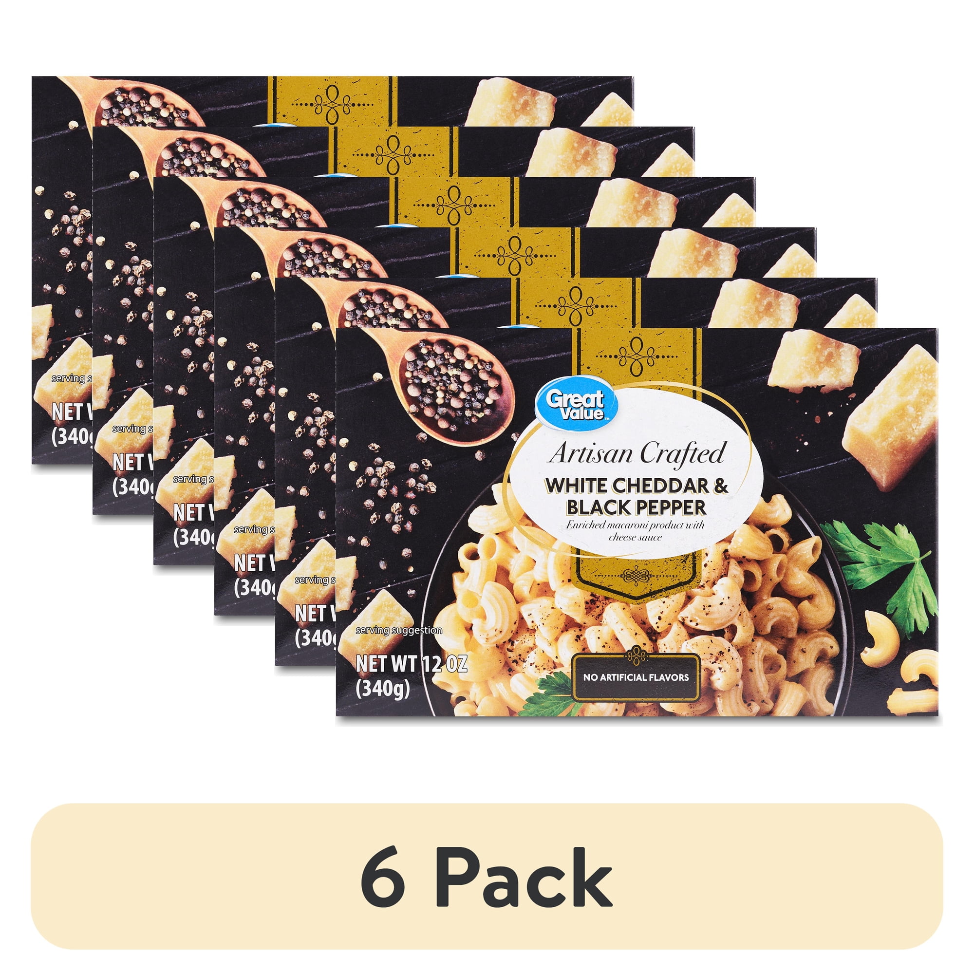 (6 pack) Great Value Artisan Crafted White Cheddar & Black Pepper Macaroni and Cheese, 12 oz (Shelf Stable)
