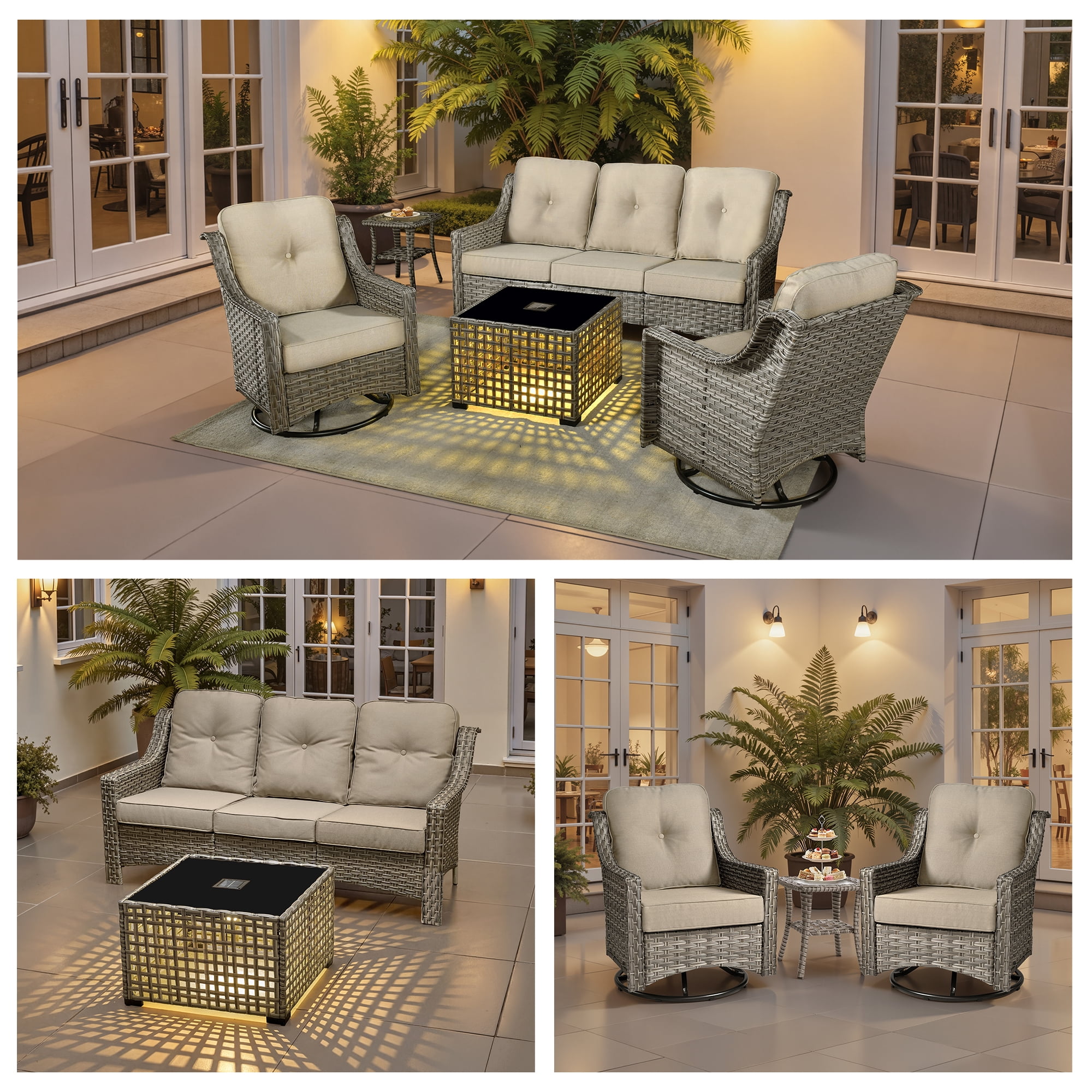 Ovios 5 Pieces Outdoor Patio Furniture Set High-Back Rattan Wicker Conversation Set Outdoor Sectional with Swivel Chairs & Solar Light Coffee Table, Beige