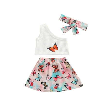 

ZIYIXIN Toddler Baby Girl One Shoulder Sleeveless Butterfly Print Crop Top+ A-line Mini Skirt Headband 3Pcs Summer Outfits White 3-6 Months