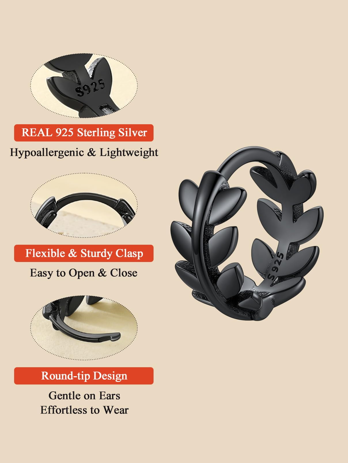 FaithHeart 925 Sterling Silver Leaf Huggie Hoop Earrings for Women Lightweight Dainty Hypoallergenic Small 9mm Cartilage Huggies Black Earrings Jewelry Gift for Granddaughter Sister Christmas