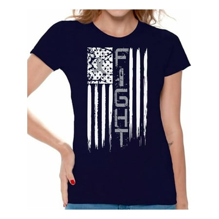 Awkward Styles Women's Brain Cancer Graphic T-shirt Tops Distressed American Flag Fight Gray